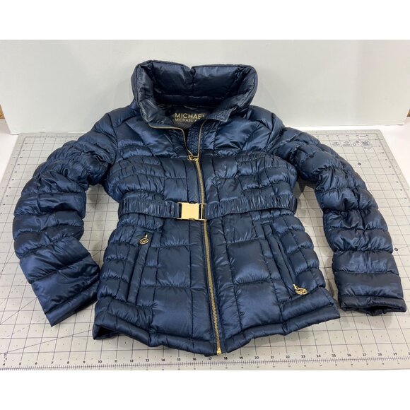 Michael Kors Women's Packable Down Puffer Jacket Navy Blue Gold Accents Sz. M - Picture 3 of 14